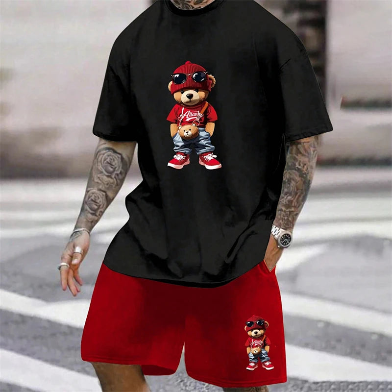 2024 Fun Bear Harajuku T-shirt da uomo estiva allentata quotidiana coppia vestito da strada all'aperto pantaloncini a maniche corte due pezzi abito estivo da uomo