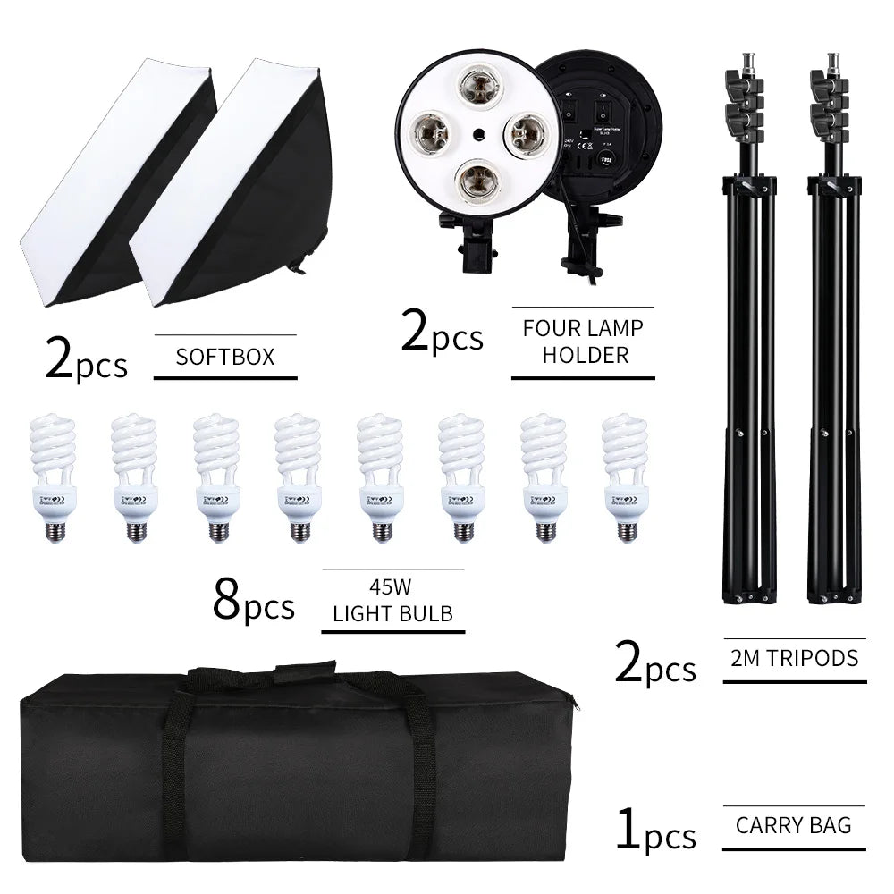 Kit di Illuminazione Softbox SH per Fotografia, Set di Quattro Lampade Softbox 50x70CM, Attrezzatura con Base E27 per Studio Fotografico