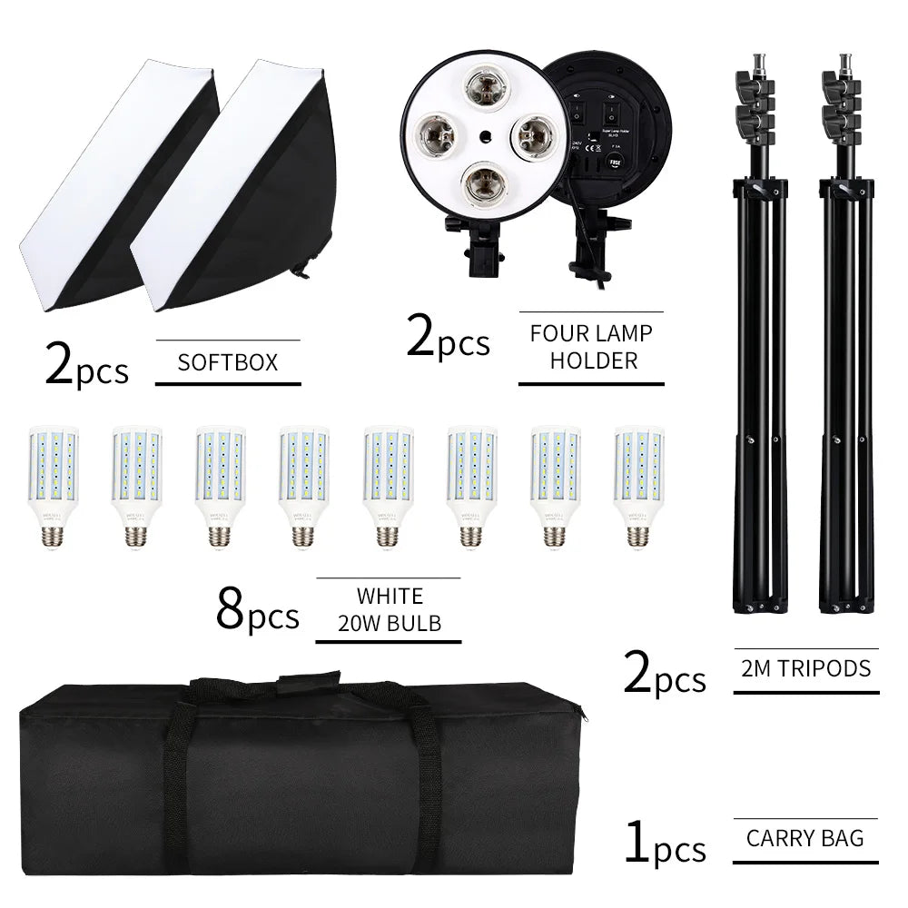 Kit di Illuminazione Softbox SH per Fotografia, Set di Quattro Lampade Softbox 50x70CM, Attrezzatura con Base E27 per Studio Fotografico