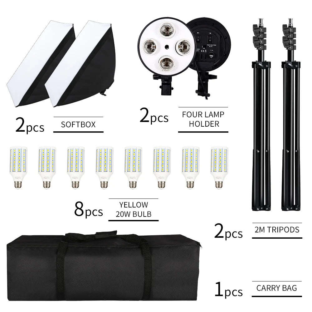 Kit di Illuminazione Softbox SH per Fotografia, Set di Quattro Lampade Softbox 50x70CM, Attrezzatura con Base E27 per Studio Fotografico