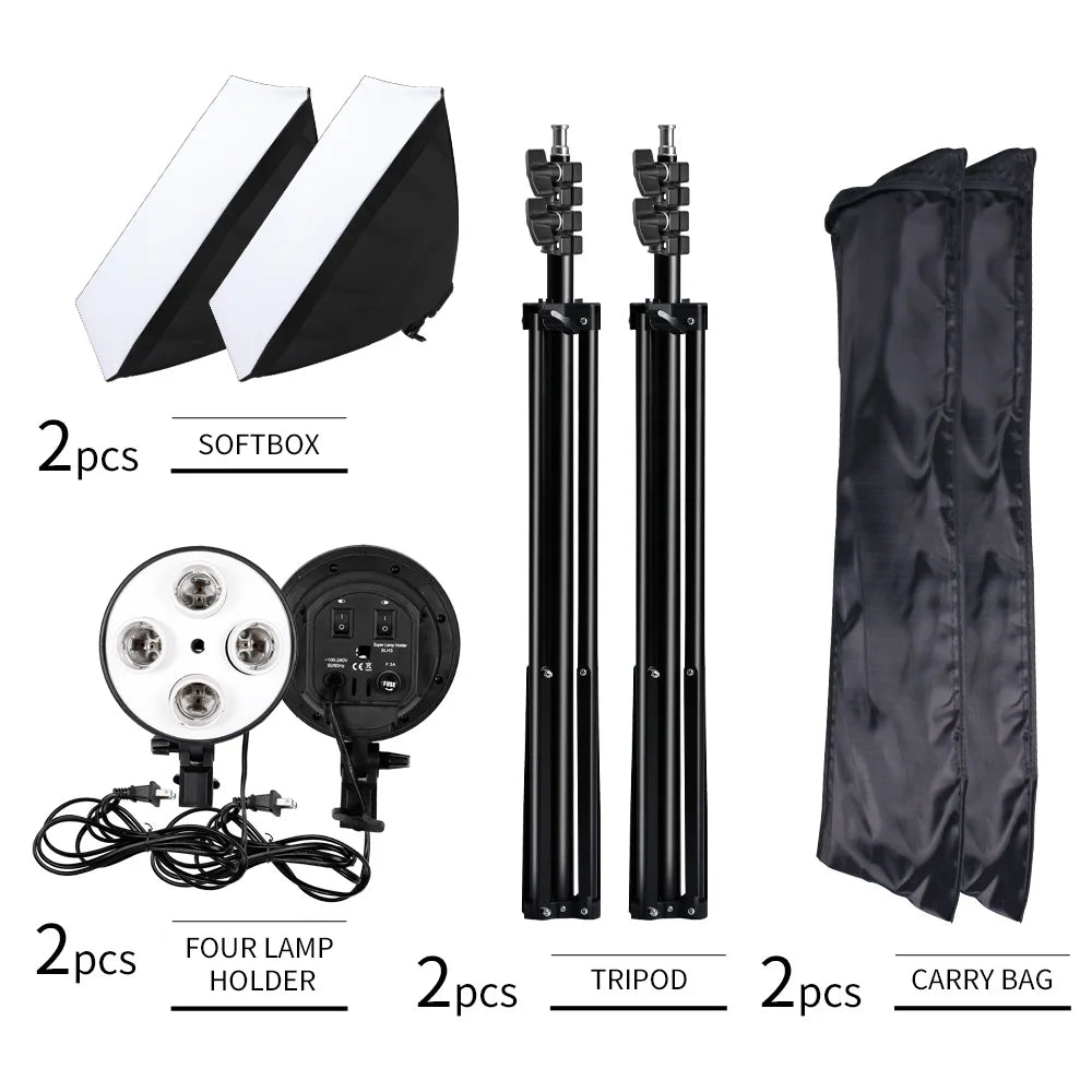 Kit di Illuminazione Softbox SH per Fotografia, Set di Quattro Lampade Softbox 50x70CM, Attrezzatura con Base E27 per Studio Fotografico