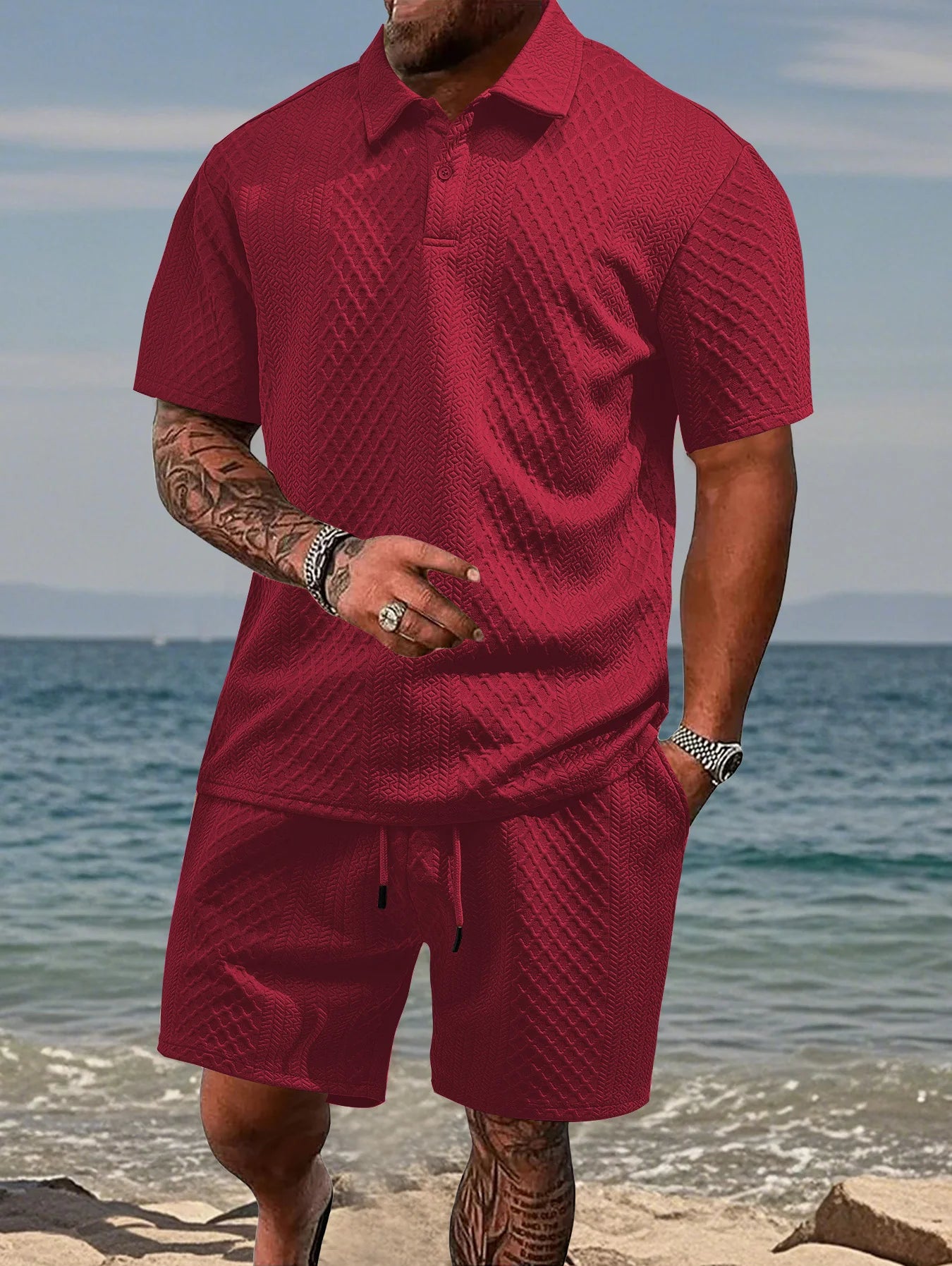 Set camicia e pantaloncini a maniche corte jacquard resistenti estivi da uomo, t-shirt con risvolto, pantaloncini con coulisse, squisito set in due pezzi
