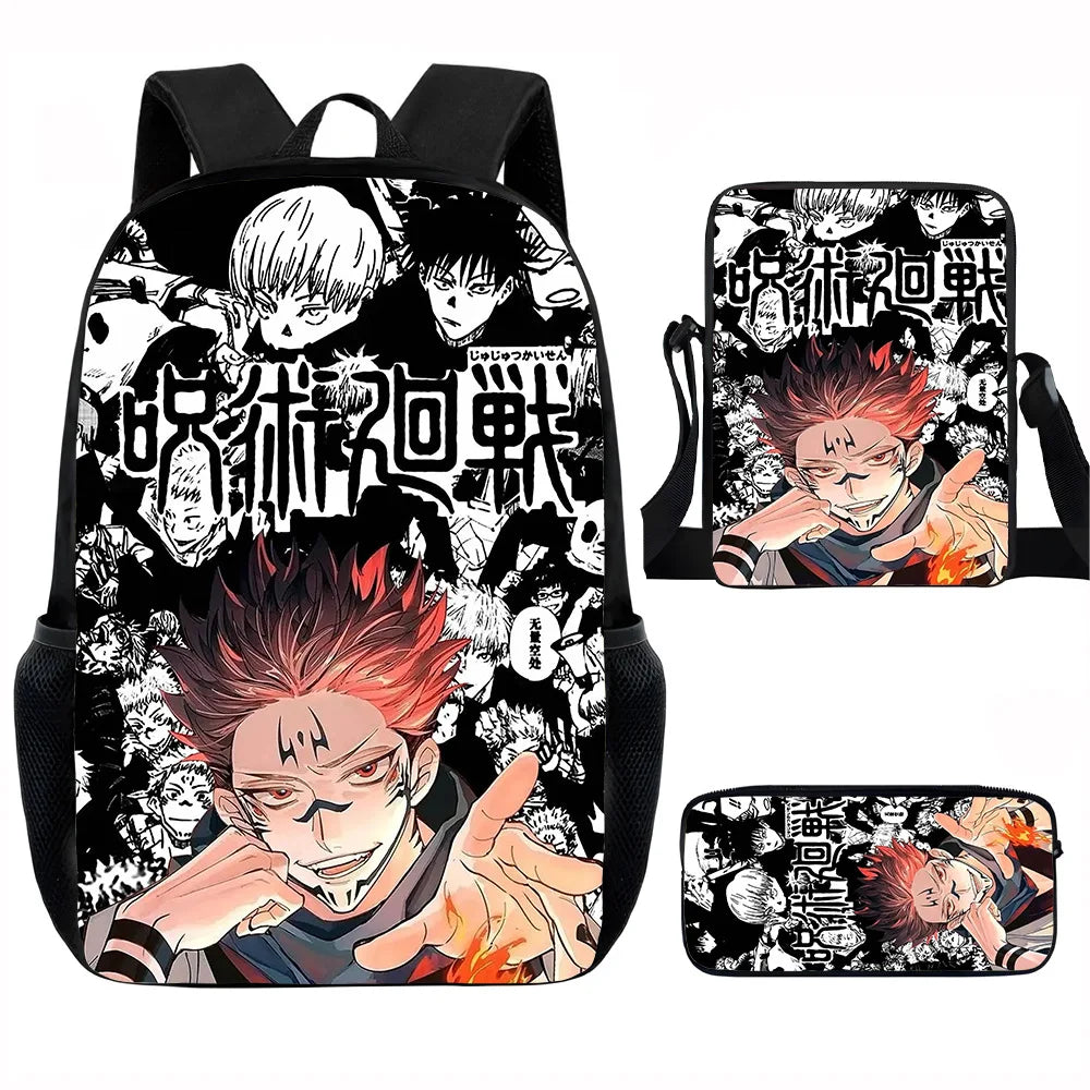 J-Jujutsu Kaisen 3 pezzi Set Zaino 40 cm/15,7 pollici Borse da scuola Borsa a tracolla Astuccio Borsa per libri per computer per ragazzi Ragazze Miglior regalo