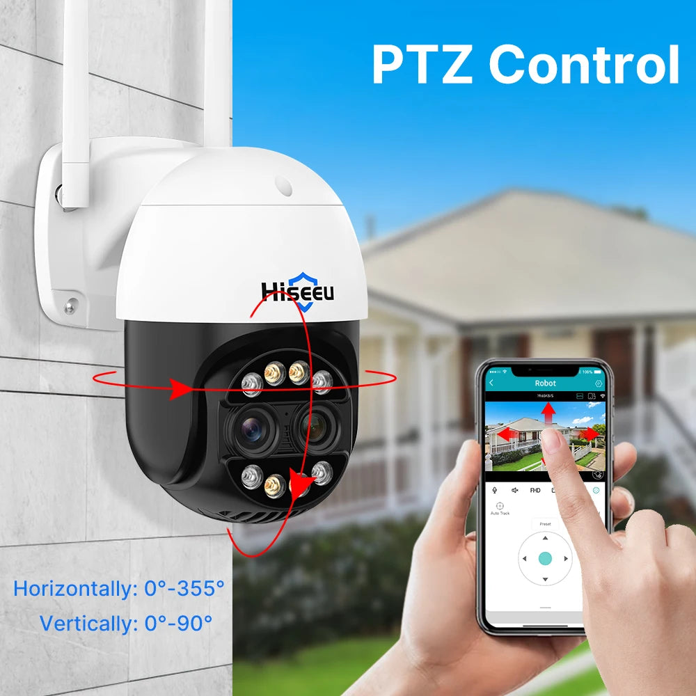 Hiseeu 4K 8MP Dual Lens PTZ Wifi Telecamera IP Zoom 8X Esterno HD Visione notturna a colori Rilevazione umana Telecamere di videosorveglianza