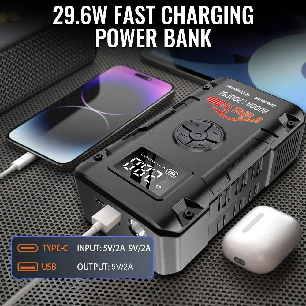 Avviatore d'Emergenza 4-IN-1 per Auto con Compressore d'Aria, Potenza di Picco 4000A, Booster per Batteria Auto, Pompa d'Aria 200PSI, Power Bank Portatile, Gonfiatore Pneumatici