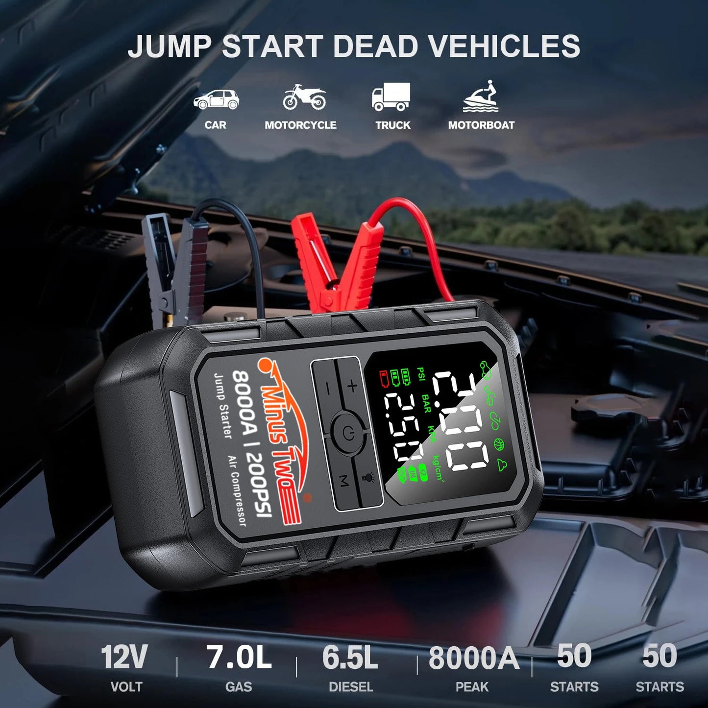 Avviatore d'Emergenza 4-IN-1 per Auto con Compressore d'Aria, Potenza di Picco 4000A, Booster per Batteria Auto, Pompa d'Aria 200PSI, Power Bank Portatile, Gonfiatore Pneumatici