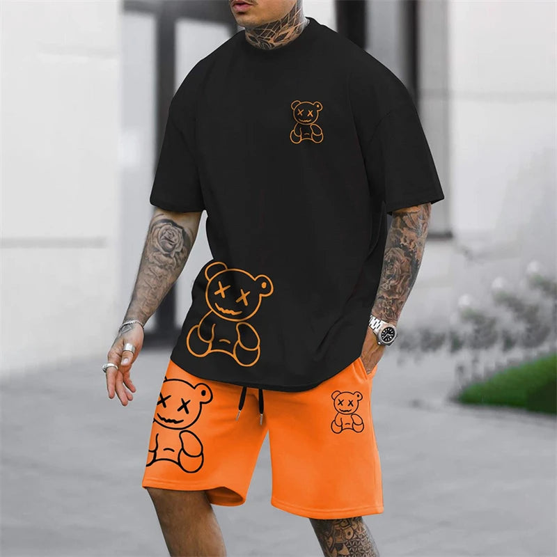 2024 Fun Bear Harajuku T-shirt da uomo estiva allentata quotidiana coppia vestito da strada all'aperto pantaloncini a maniche corte due pezzi abito estivo da uomo