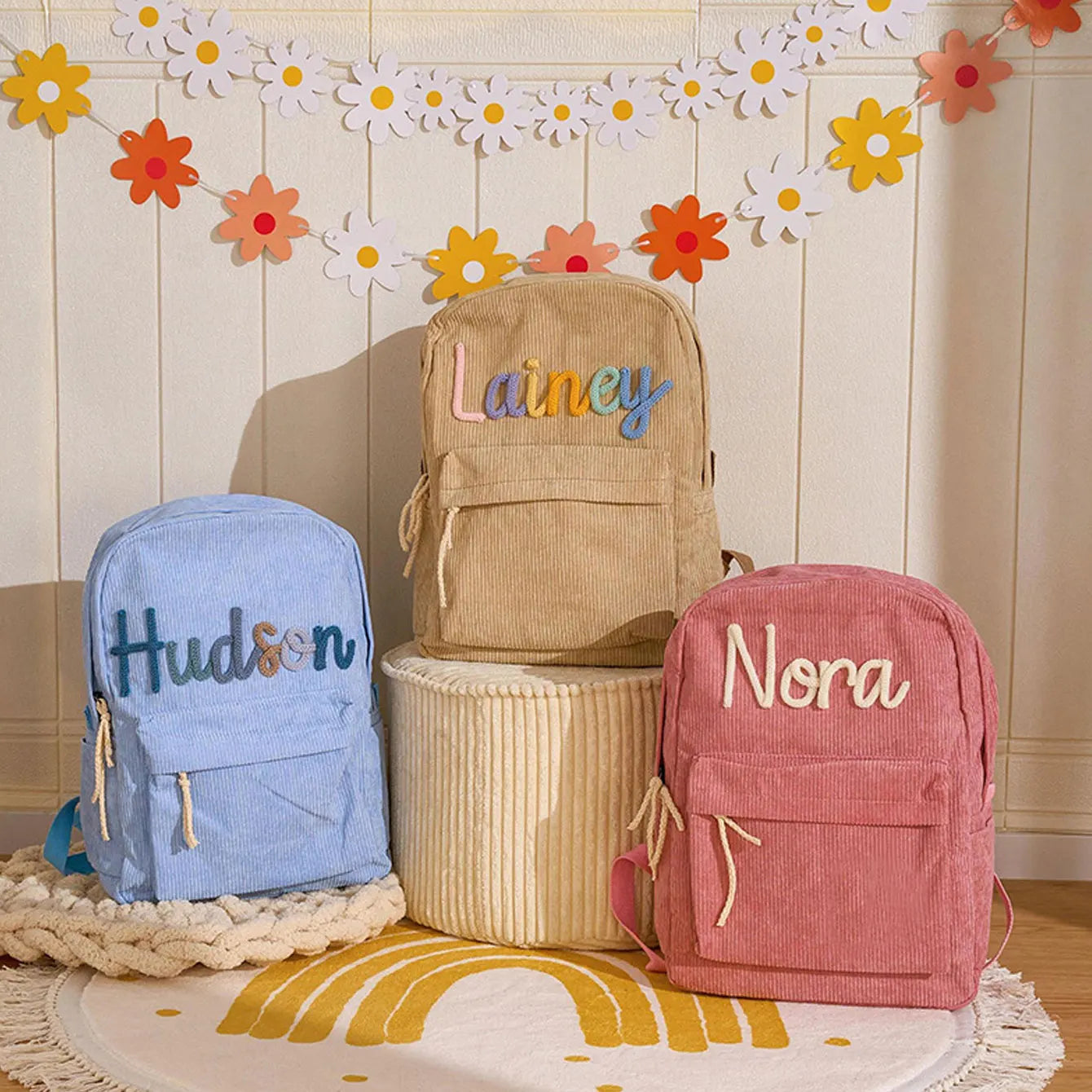 Zaino in velluto a coste personalizzato da 1 pezzo per uomo e donna, lettere personalizzate ricamate a mano, zaino in tessuto colorato
