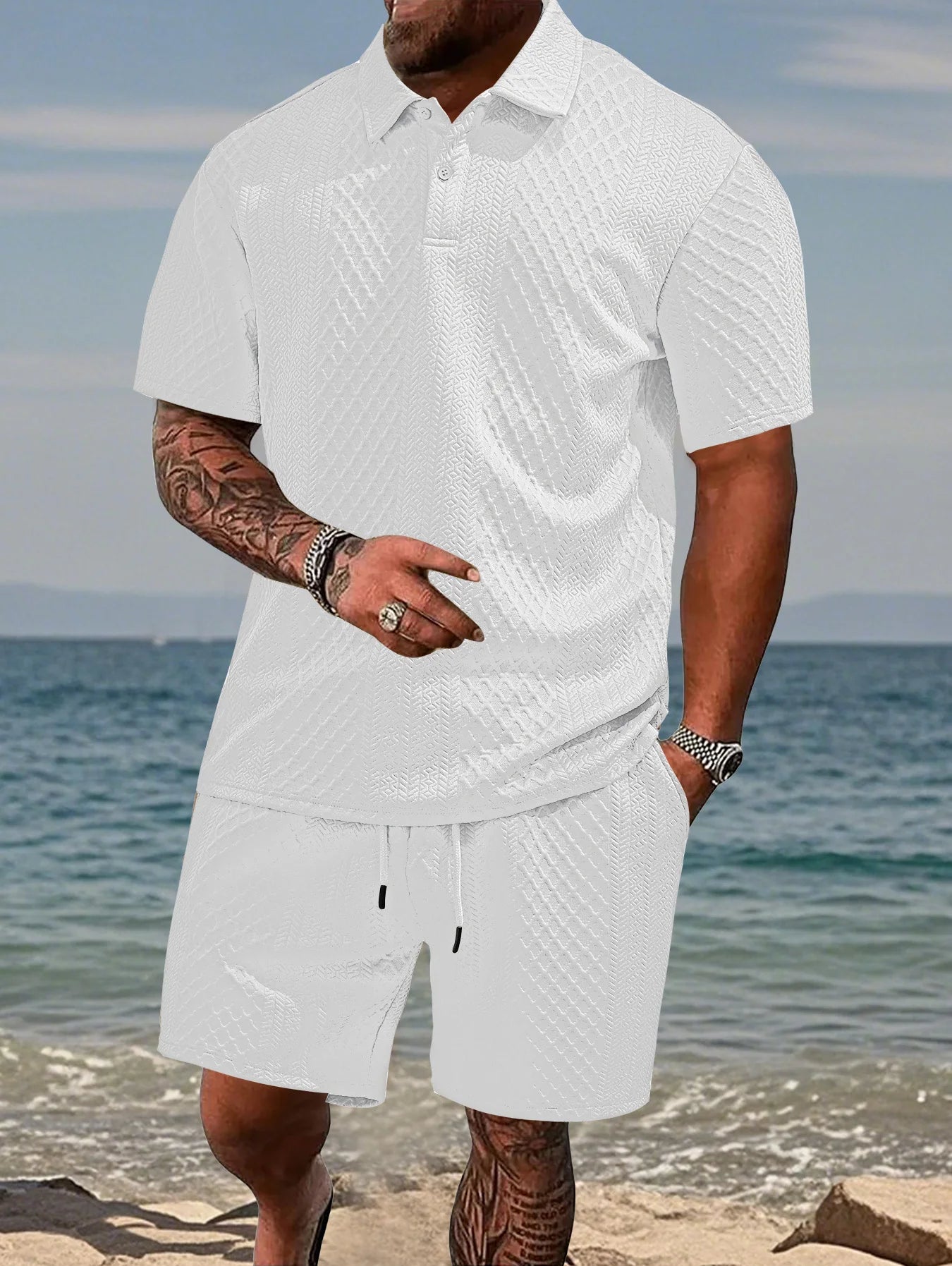 Set camicia e pantaloncini a maniche corte jacquard resistenti estivi da uomo, t-shirt con risvolto, pantaloncini con coulisse, squisito set in due pezzi