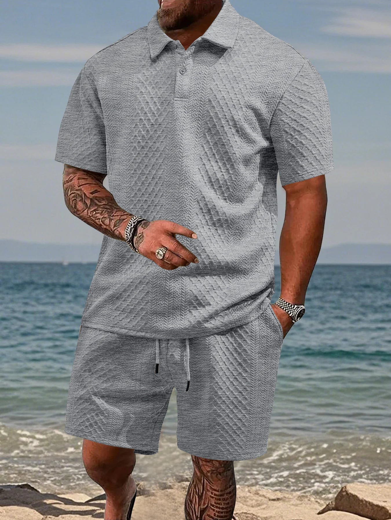 Set camicia e pantaloncini a maniche corte jacquard resistenti estivi da uomo, t-shirt con risvolto, pantaloncini con coulisse, squisito set in due pezzi