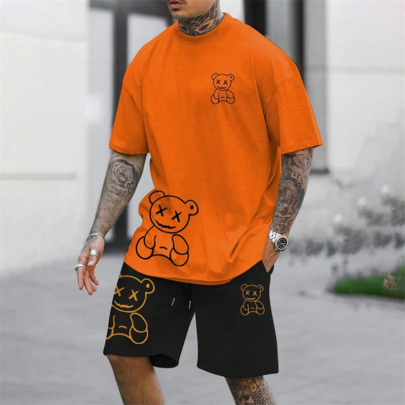2024 Fun Bear Harajuku T-shirt da uomo estiva allentata quotidiana coppia vestito da strada all'aperto pantaloncini a maniche corte due pezzi abito estivo da uomo
