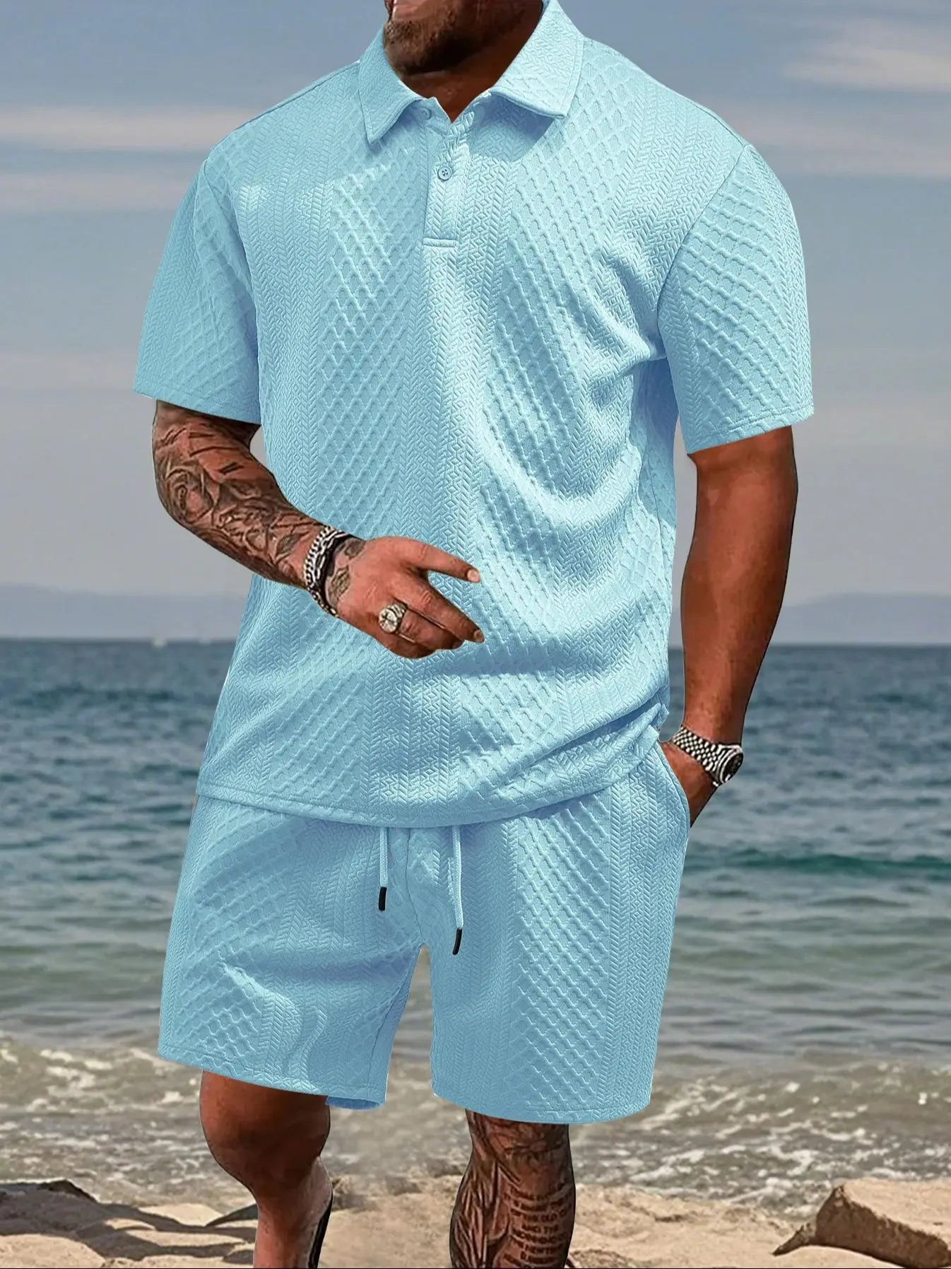 Set camicia e pantaloncini a maniche corte jacquard resistenti estivi da uomo, t-shirt con risvolto, pantaloncini con coulisse, squisito set in due pezzi