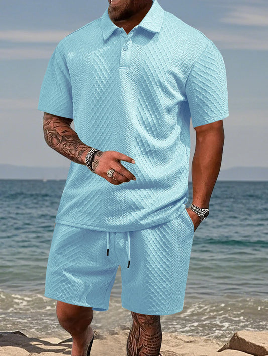 Set camicia e pantaloncini a maniche corte jacquard resistenti estivi da uomo, t-shirt con risvolto, pantaloncini con coulisse, squisito set in due pezzi