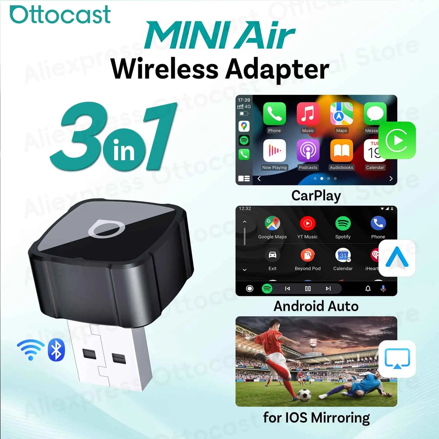 OTTOCAST Express MINI AIR Adattatore Cubo 3 in 1 4.0 Wireless CarPlay Android Auto per Mirroring Schermo iOS Accessori Auto 2026