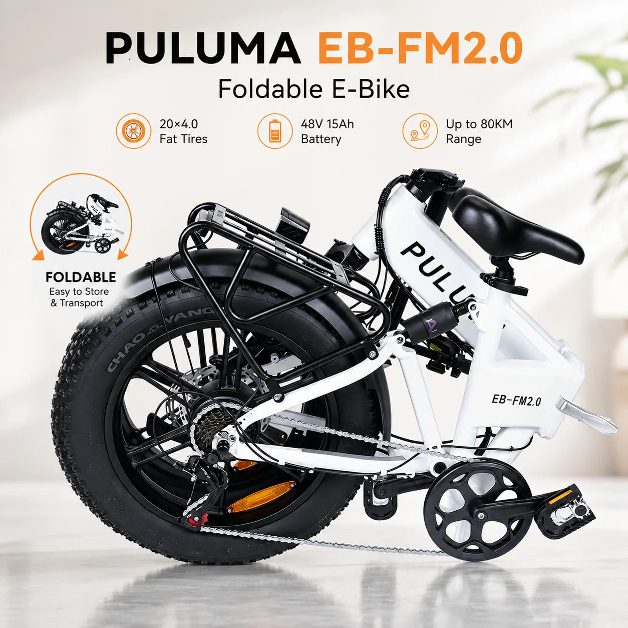 Bicicletta Elettrica Pieghevole PULUMA FM2.0, Batteria Rimovibile 48V15AH, Pneumatici All-Terrain 20*4 Pollici, E-Bike da Montagna per Adulti, Velocità 25km/h, 7 Velocità, Freni a Disco Idraulici, Autonomia 100km