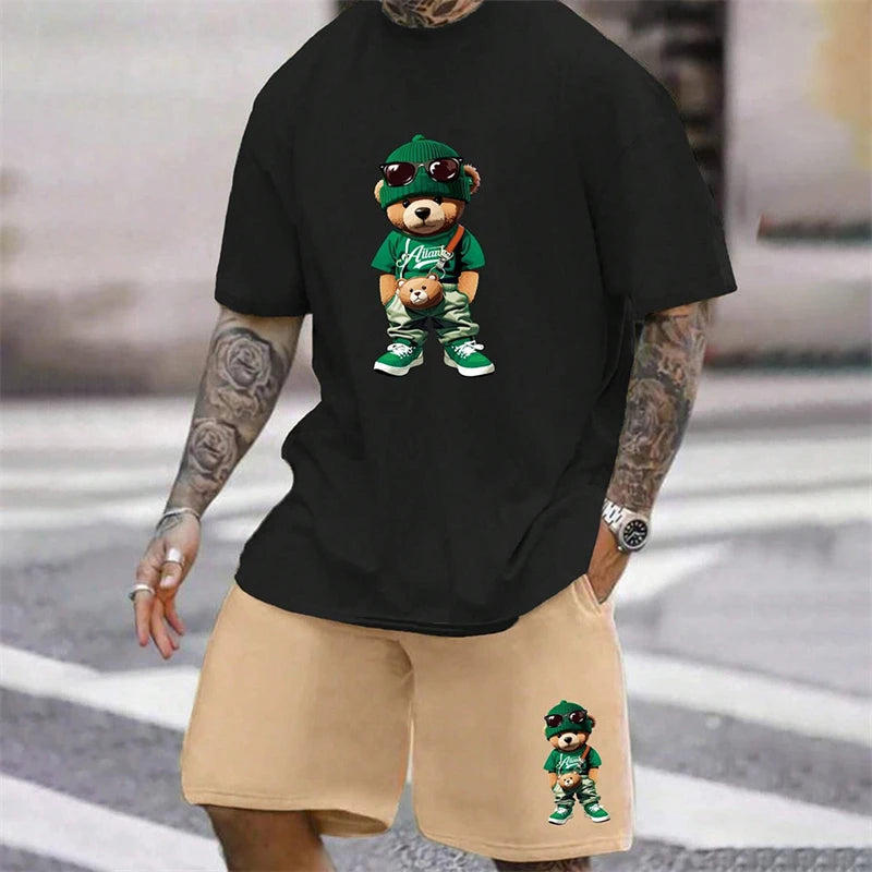 2024 Fun Bear Harajuku T-shirt da uomo estiva allentata quotidiana coppia vestito da strada all'aperto pantaloncini a maniche corte due pezzi abito estivo da uomo