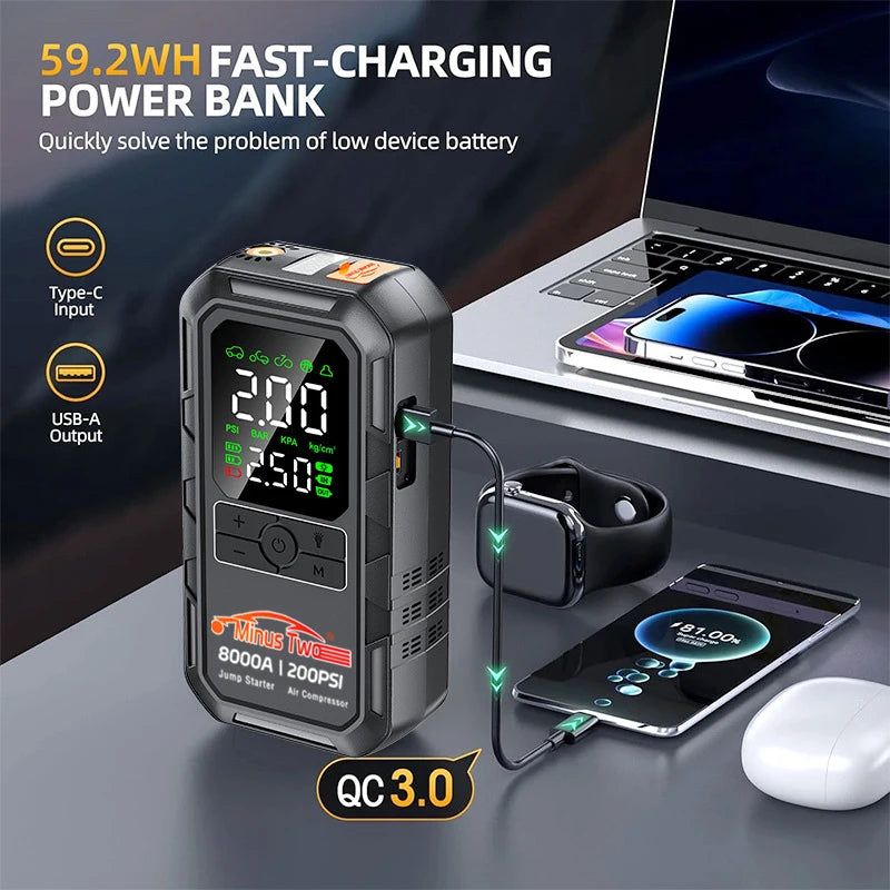 Avviatore d'Emergenza 4-IN-1 per Auto con Compressore d'Aria, Potenza di Picco 4000A, Booster per Batteria Auto, Pompa d'Aria 200PSI, Power Bank Portatile, Gonfiatore Pneumatici