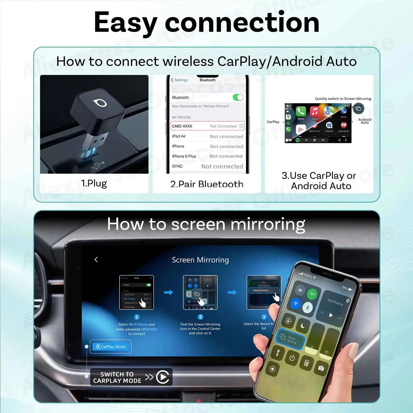 OTTOCAST Express MINI AIR Adattatore Cubo 3 in 1 4.0 Wireless CarPlay Android Auto per Mirroring Schermo iOS Accessori Auto 2026