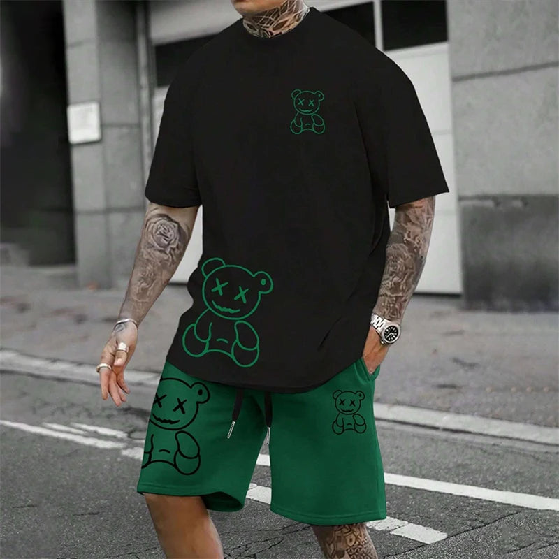 2024 Fun Bear Harajuku T-shirt da uomo estiva allentata quotidiana coppia vestito da strada all'aperto pantaloncini a maniche corte due pezzi abito estivo da uomo