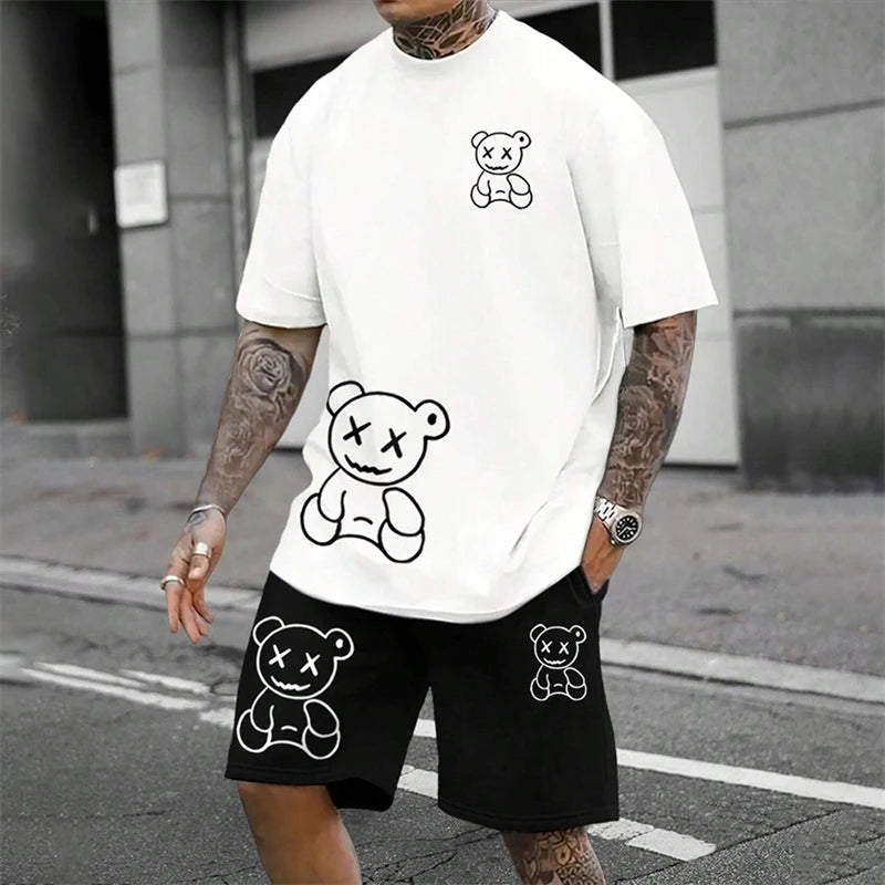 2024 Fun Bear Harajuku T-shirt da uomo estiva allentata quotidiana coppia vestito da strada all'aperto pantaloncini a maniche corte due pezzi abito estivo da uomo