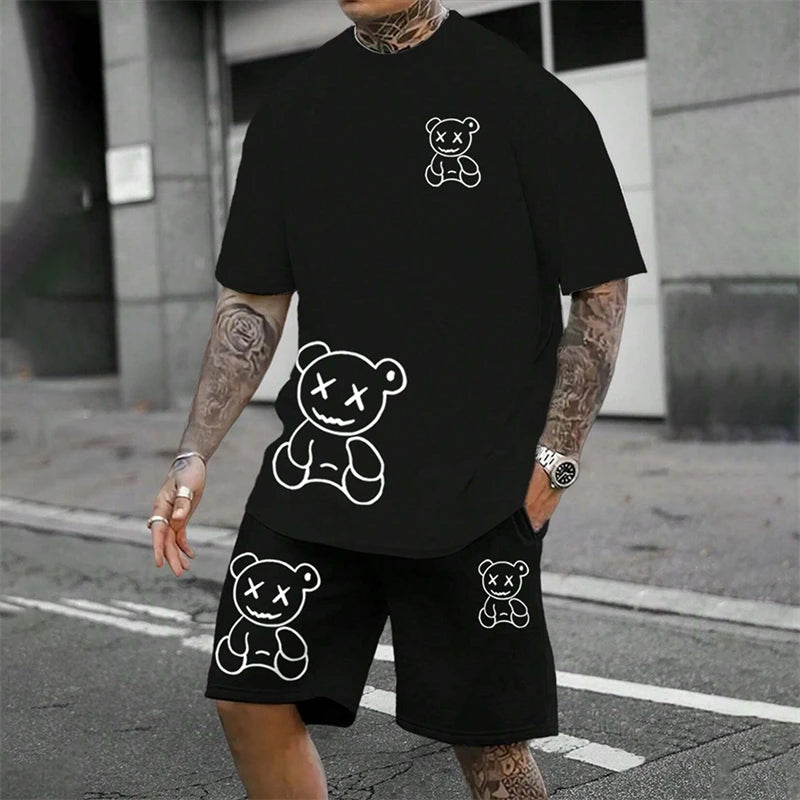 2024 Fun Bear Harajuku T-shirt da uomo estiva allentata quotidiana coppia vestito da strada all'aperto pantaloncini a maniche corte due pezzi abito estivo da uomo