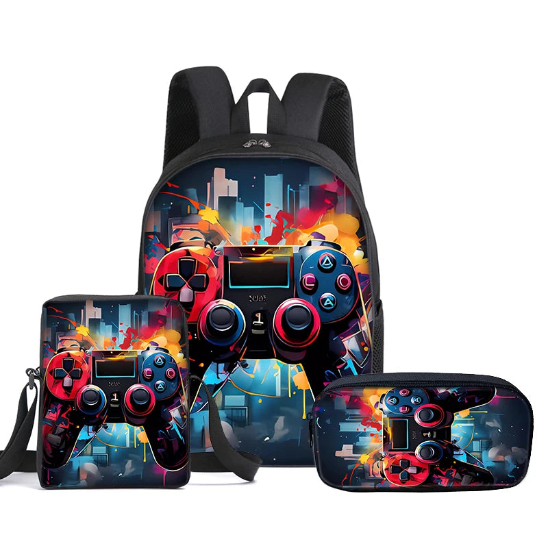 Set di 3 Zaini GamePad con Borsa a Tracolla, Astuccio e Zaino Scolastico per Ragazzi/Ragazze, Miglior Regalo, Zaini Scolastici 2D con Cartoni Animati