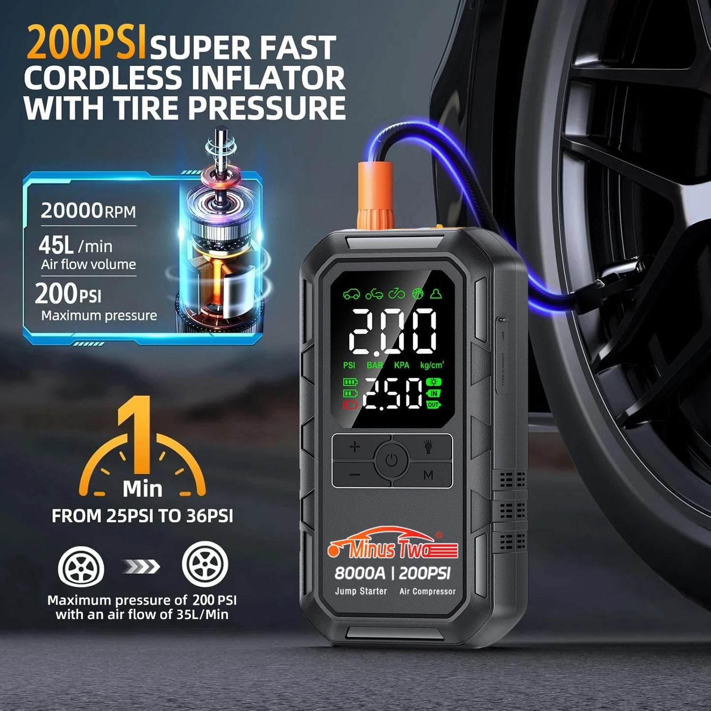 Avviatore d'Emergenza 4-IN-1 per Auto con Compressore d'Aria, Potenza di Picco 4000A, Booster per Batteria Auto, Pompa d'Aria 200PSI, Power Bank Portatile, Gonfiatore Pneumatici