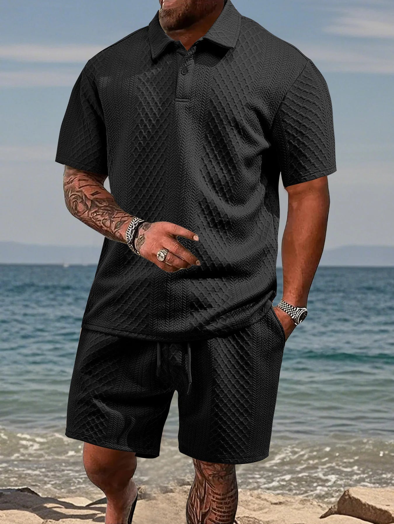 Set camicia e pantaloncini a maniche corte jacquard resistenti estivi da uomo, t-shirt con risvolto, pantaloncini con coulisse, squisito set in due pezzi