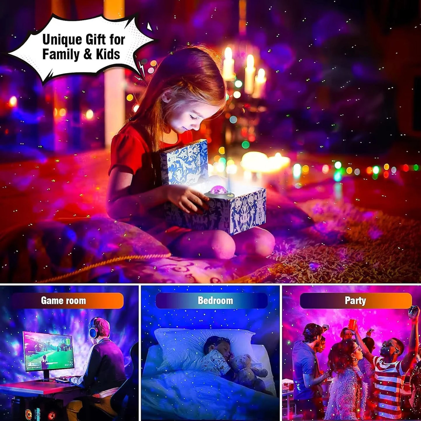 Proiettore LED Cielo Stellato e Galassia, Luce Notturna con Lettore Musicale BT, Telecomando, USB, Luce Ambientale Onde Oceaniche, Regalo di Compleanno per Bambini