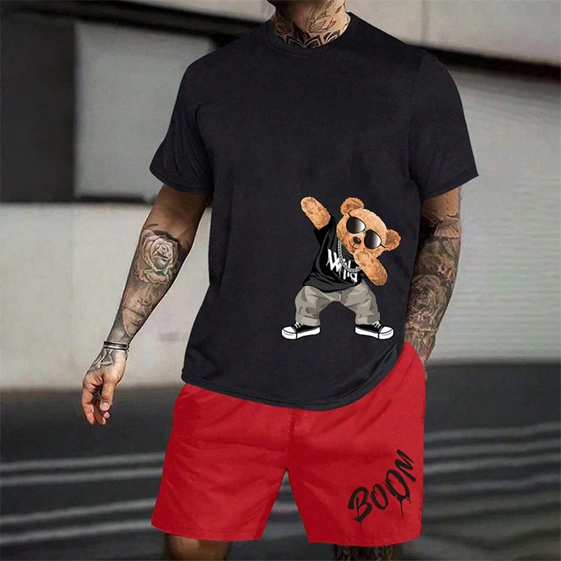 2024 Fun Bear Harajuku T-shirt da uomo estiva allentata quotidiana coppia vestito da strada all'aperto pantaloncini a maniche corte due pezzi abito estivo da uomo