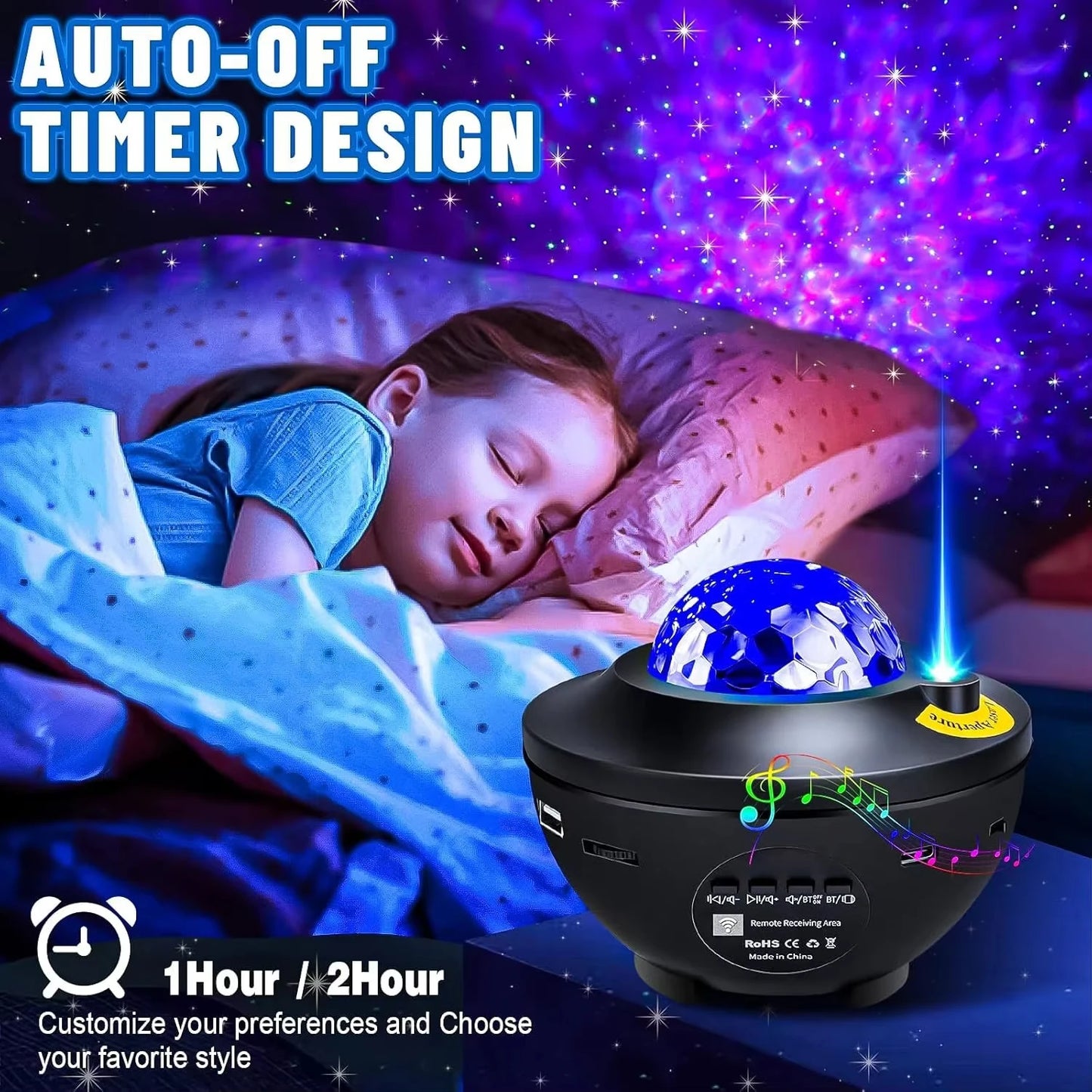 Proiettore LED Cielo Stellato e Galassia, Luce Notturna con Lettore Musicale BT, Telecomando, USB, Luce Ambientale Onde Oceaniche, Regalo di Compleanno per Bambini