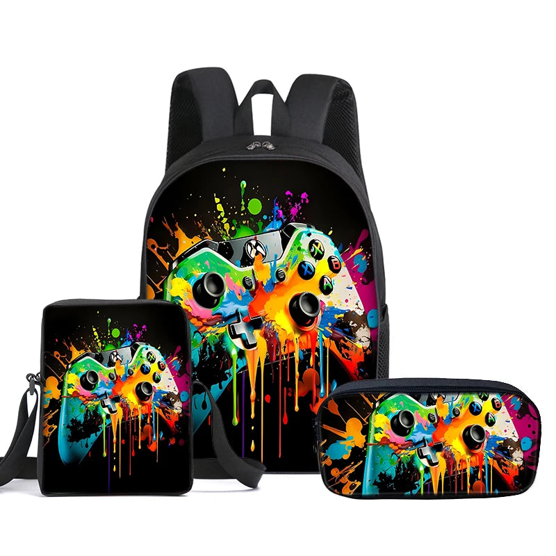 Set di 3 Zaini GamePad con Borsa a Tracolla, Astuccio e Zaino Scolastico per Ragazzi/Ragazze, Miglior Regalo, Zaini Scolastici 2D con Cartoni Animati