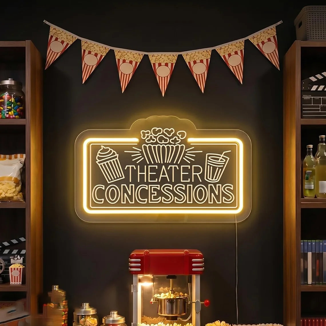 Insegna al Neon per Cinema, Bar, Sala Cinematografica, Decorazione per Sala Film, Insegna Luminosa per Popcorn, Bevande e Snack Bar