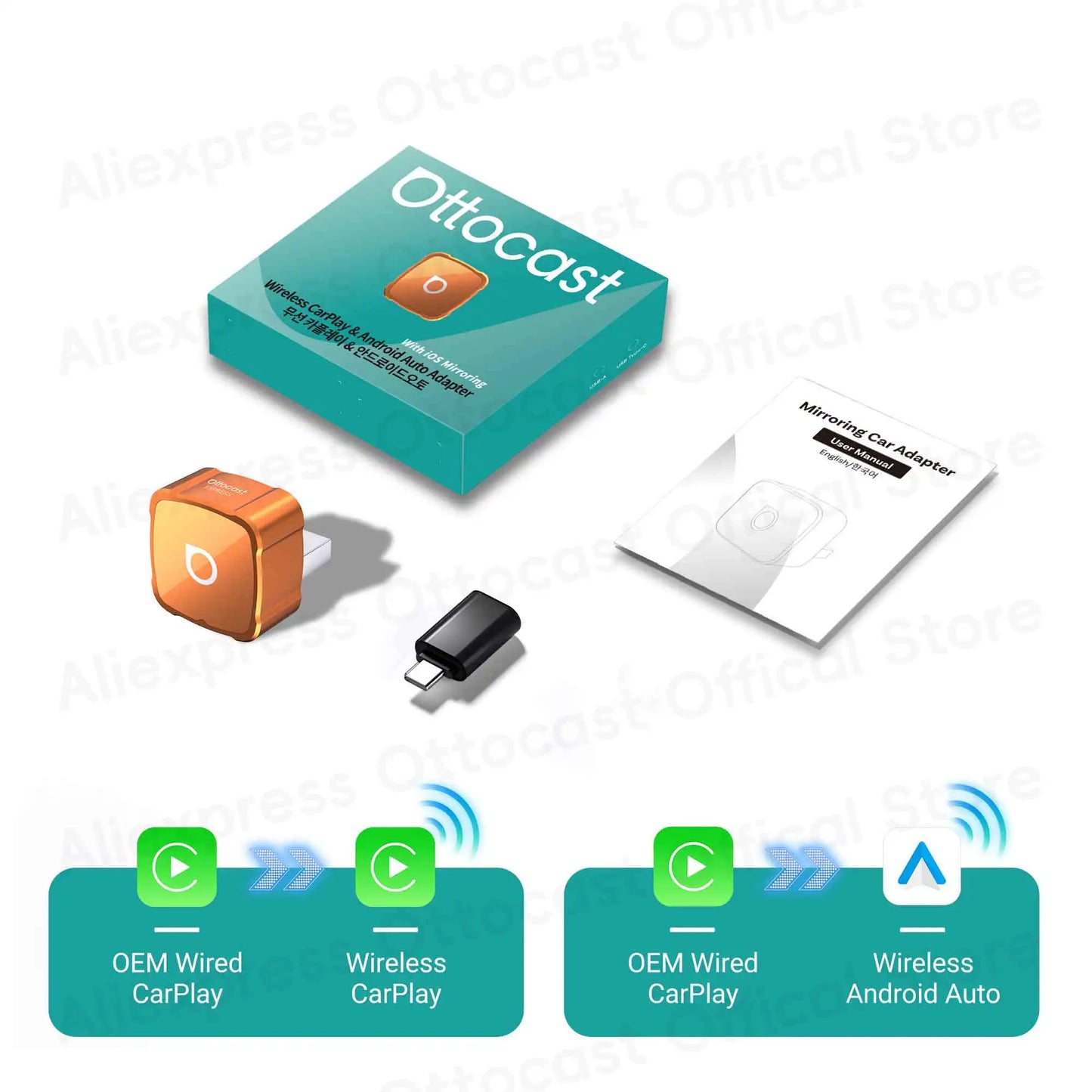 OTTOCAST Express MINI AIR Adattatore Cubo 3 in 1 4.0 Wireless CarPlay Android Auto per Mirroring Schermo iOS Accessori Auto 2026