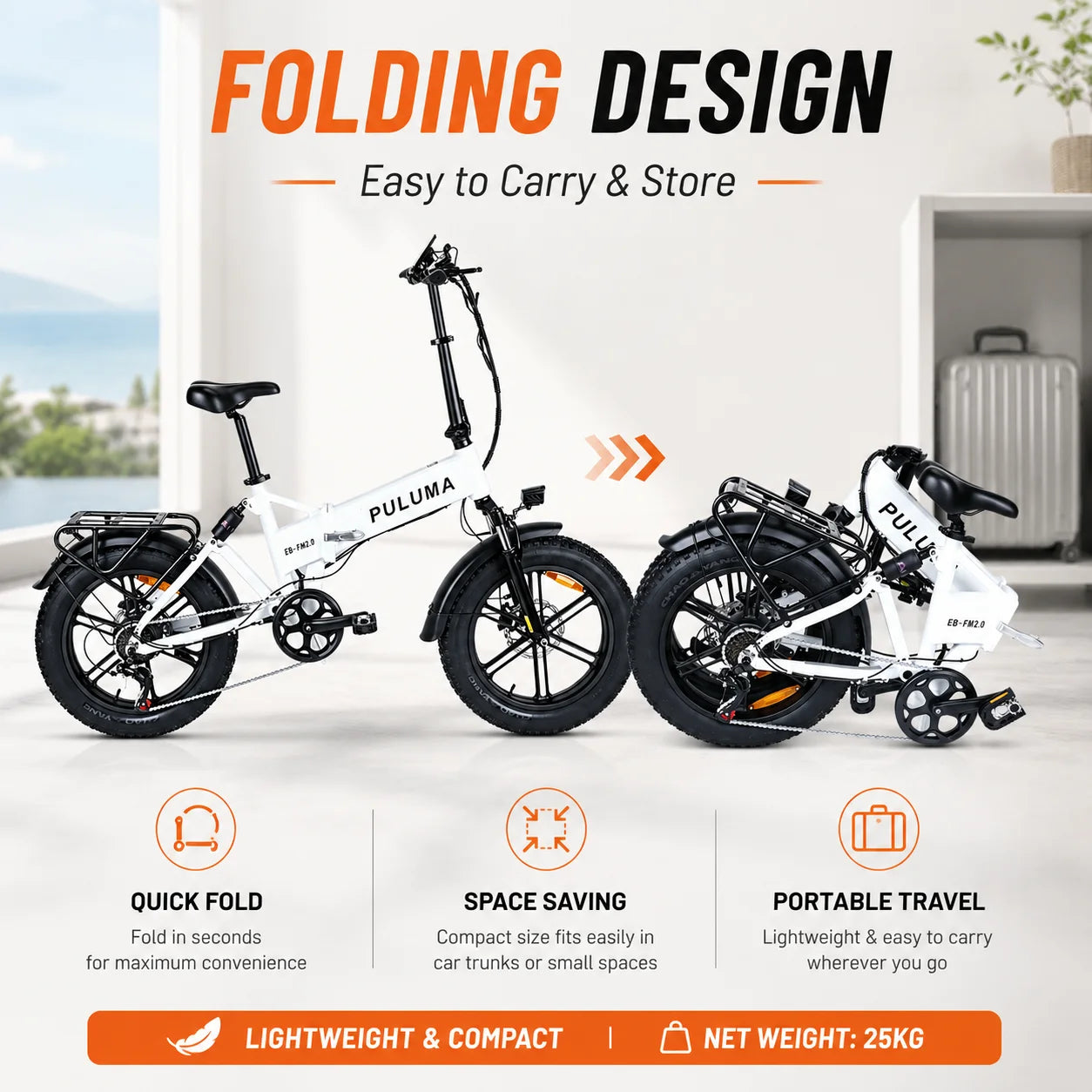 Bicicletta Elettrica Pieghevole PULUMA FM2.0, Batteria Rimovibile 48V15AH, Pneumatici All-Terrain 20*4 Pollici, E-Bike da Montagna per Adulti, Velocità 25km/h, 7 Velocità, Freni a Disco Idraulici, Autonomia 100km