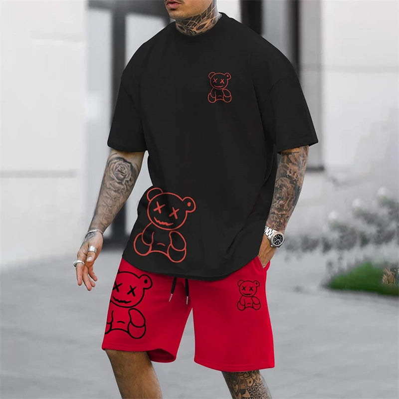 2024 Fun Bear Harajuku T-shirt da uomo estiva allentata quotidiana coppia vestito da strada all'aperto pantaloncini a maniche corte due pezzi abito estivo da uomo
