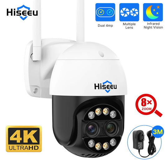 Hiseeu 4K 8MP Dual Lens PTZ Wifi Telecamera IP Zoom 8X Esterno HD Visione notturna a colori Rilevazione umana Telecamere di videosorveglianza
