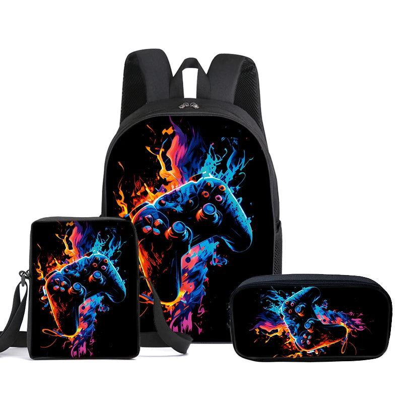 Set di 3 Zaini GamePad con Borsa a Tracolla, Astuccio e Zaino Scolastico per Ragazzi/Ragazze, Miglior Regalo, Zaini Scolastici 2D con Cartoni Animati