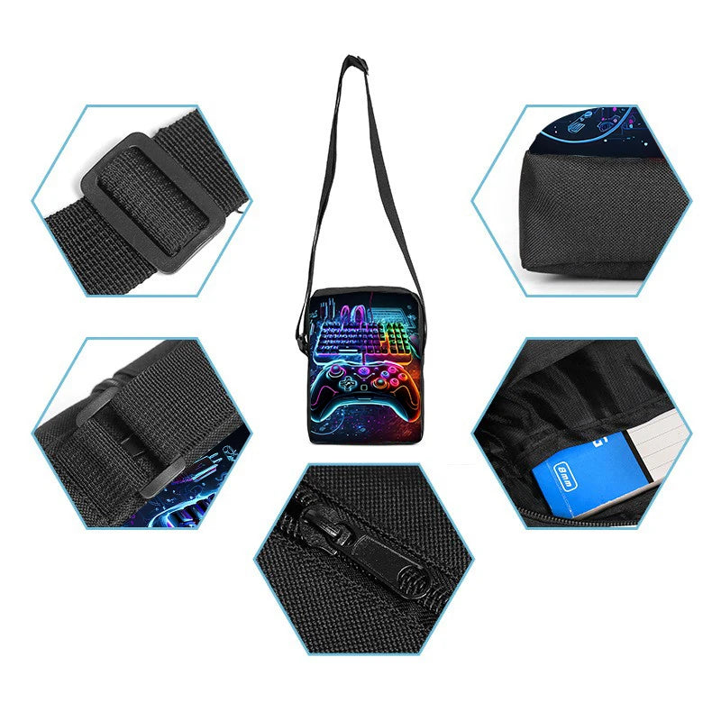 Set di 3 Zaini GamePad con Borsa a Tracolla, Astuccio e Zaino Scolastico per Ragazzi/Ragazze, Miglior Regalo, Zaini Scolastici 2D con Cartoni Animati