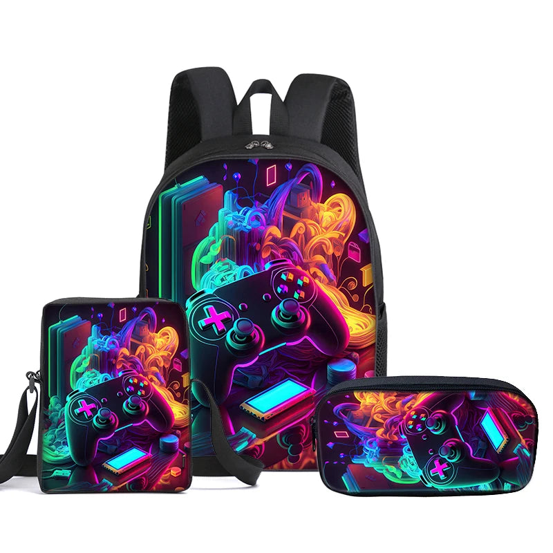 Set di 3 Zaini GamePad con Borsa a Tracolla, Astuccio e Zaino Scolastico per Ragazzi/Ragazze, Miglior Regalo, Zaini Scolastici 2D con Cartoni Animati