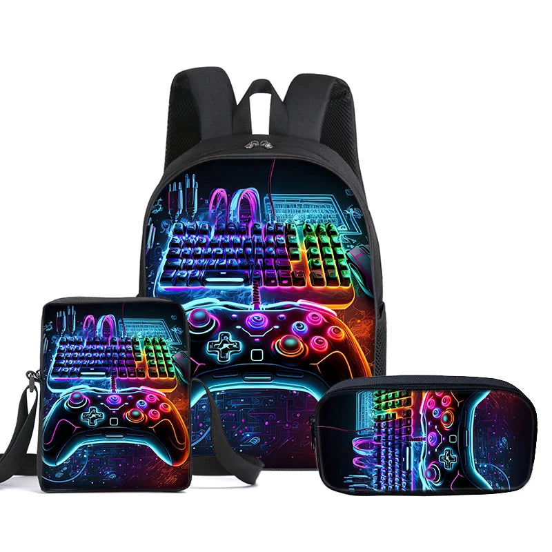 Set di 3 Zaini GamePad con Borsa a Tracolla, Astuccio e Zaino Scolastico per Ragazzi/Ragazze, Miglior Regalo, Zaini Scolastici 2D con Cartoni Animati