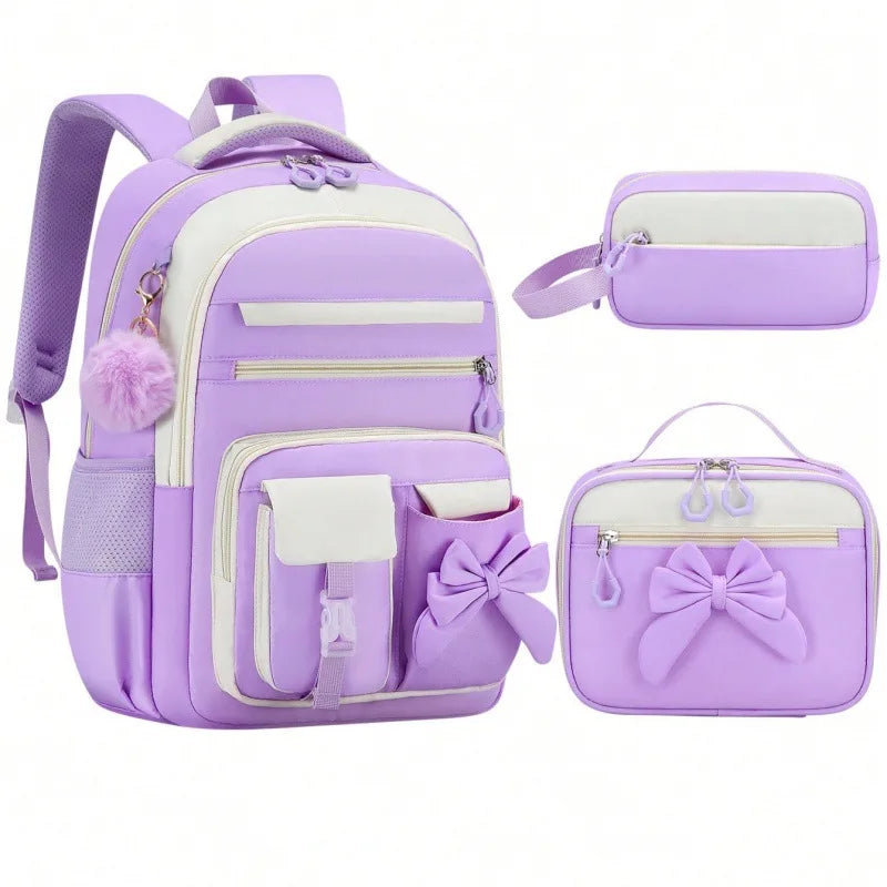 Set di 3 Pezzi: Zaini Scolastici Elementari di Grande Capacità, Carini per Ragazze delle Scuole Medie con Astuccio e Set Porta Pranzo