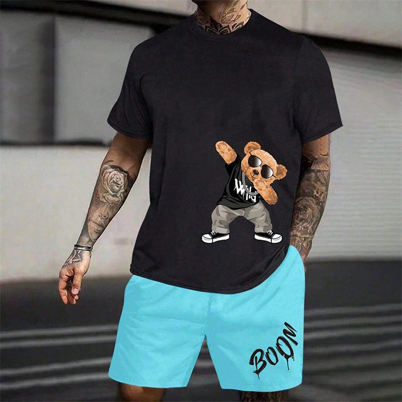 2024 Fun Bear Harajuku T-shirt da uomo estiva allentata quotidiana coppia vestito da strada all'aperto pantaloncini a maniche corte due pezzi abito estivo da uomo