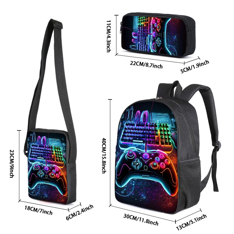 Set di 3 Zaini GamePad con Borsa a Tracolla, Astuccio e Zaino Scolastico per Ragazzi/Ragazze, Miglior Regalo, Zaini Scolastici 2D con Cartoni Animati