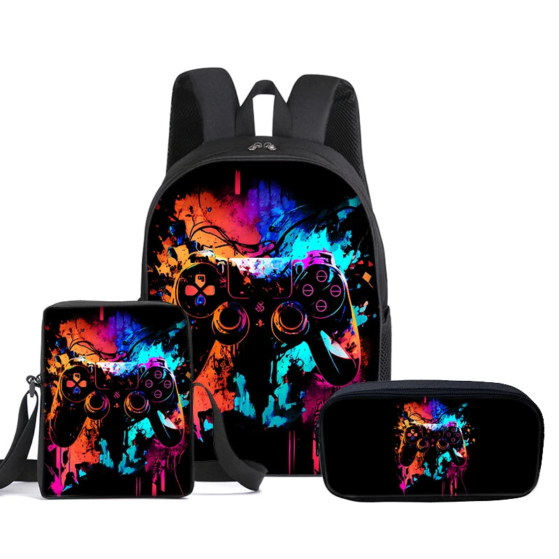 Set di 3 Zaini GamePad con Borsa a Tracolla, Astuccio e Zaino Scolastico per Ragazzi/Ragazze, Miglior Regalo, Zaini Scolastici 2D con Cartoni Animati