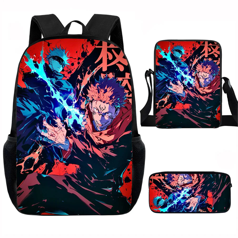J-Jujutsu Kaisen 3 pezzi Set Zaino 40 cm/15,7 pollici Borse da scuola Borsa a tracolla Astuccio Borsa per libri per computer per ragazzi Ragazze Miglior regalo