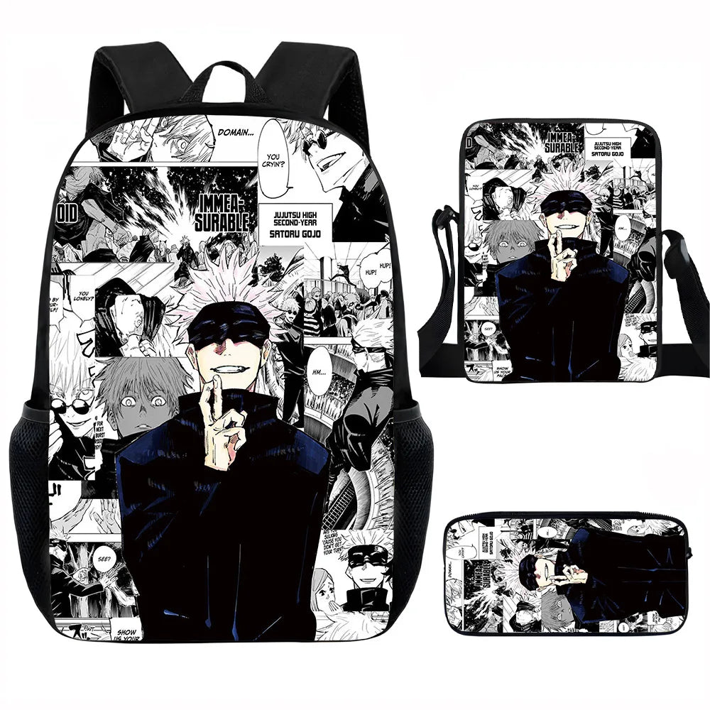 J-Jujutsu Kaisen 3 pezzi Set Zaino 40 cm/15,7 pollici Borse da scuola Borsa a tracolla Astuccio Borsa per libri per computer per ragazzi Ragazze Miglior regalo