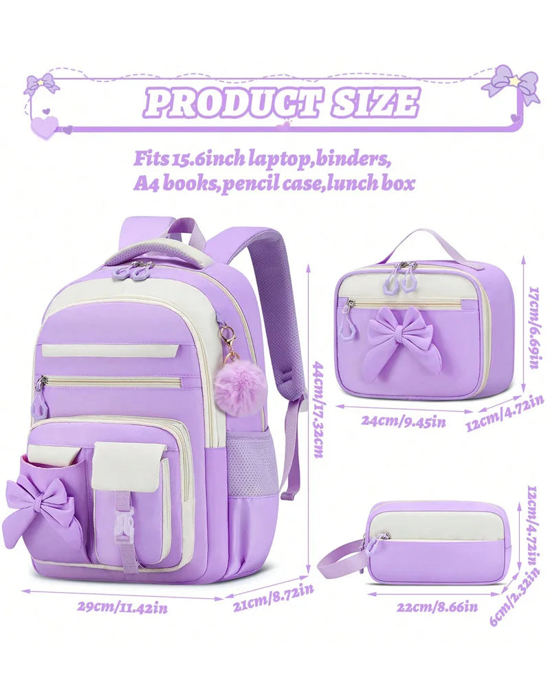 Set di 3 Pezzi: Zaini Scolastici Elementari di Grande Capacità, Carini per Ragazze delle Scuole Medie con Astuccio e Set Porta Pranzo