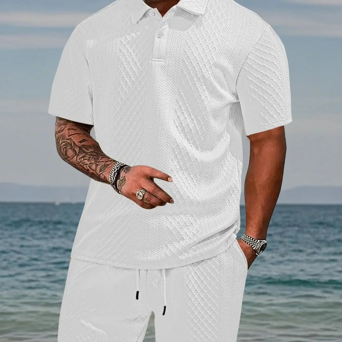 Set camicia e pantaloncini a maniche corte jacquard resistenti estivi da uomo, t-shirt con risvolto, pantaloncini con coulisse, squisito set in due pezzi