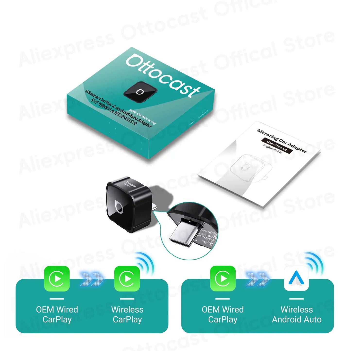 OTTOCAST Express MINI AIR Adattatore Cubo 3 in 1 4.0 Wireless CarPlay Android Auto per Mirroring Schermo iOS Accessori Auto 2026